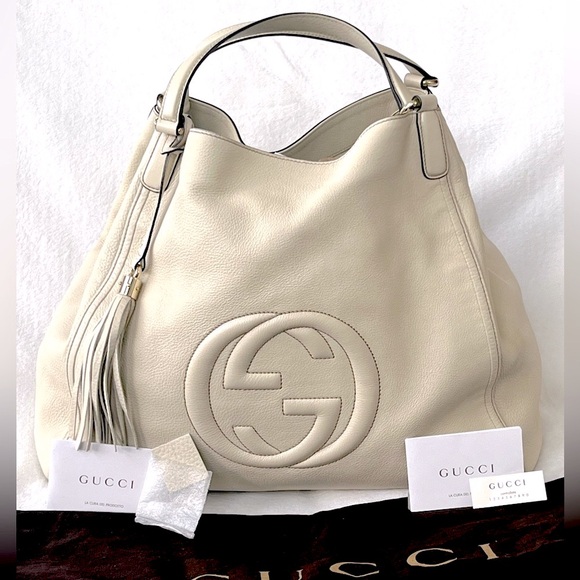 💯 Authentic Gucci Large Soho Tote Ivory Pebbled Leather GHW Tassel EUC Full Set - Picture 1 of 9